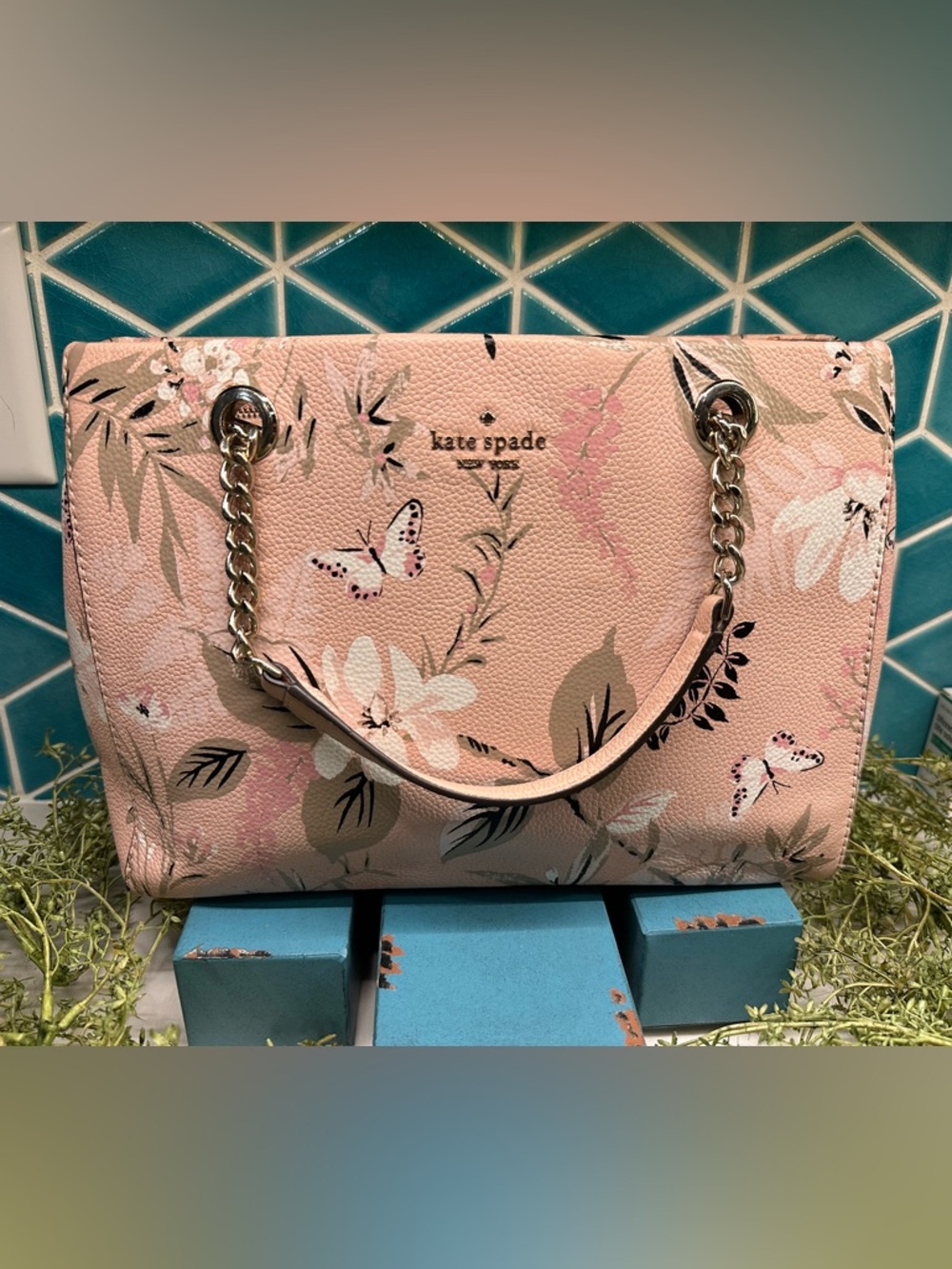 kate spade Pink Floral Leather Shoulder Bag with Gold Chain Handles 11”x8”